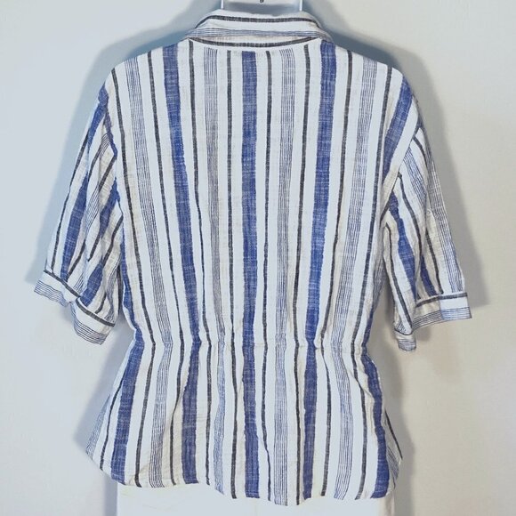 Unique Spectrum SZ L Cotton blue & white stripe gauzy button front top - Picture 2 of 7